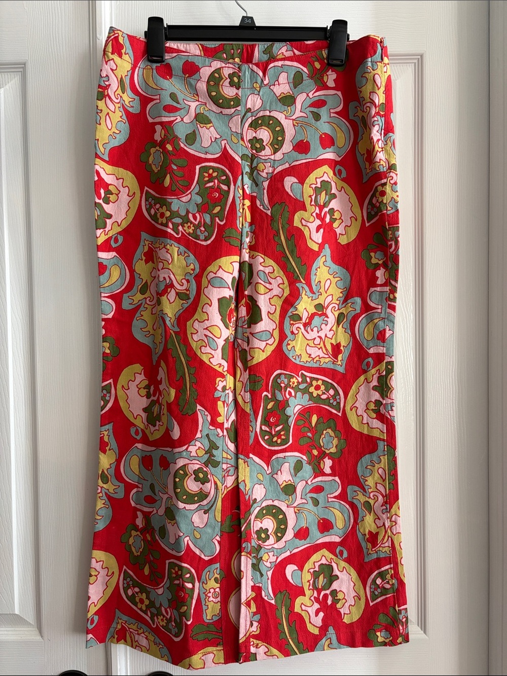 Free People Vibrant Boho Hippie Red Floral paisley cotton Wide Leg Pants Size 10